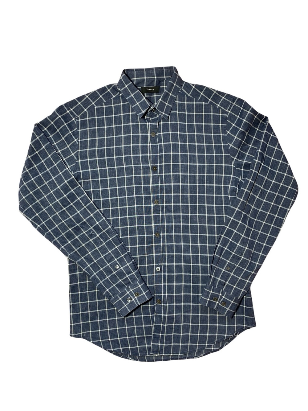 Theory Men's Navy and White Windowpane Button-Down Shirt